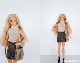 Doll clothes - Set 3 in 1 - Doll skirt, turtleneck top and bag - Clothes for 1:6 scale doll - 12 inch doll