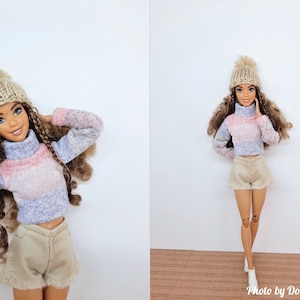 Doll clothes - Set 3 in 1 - Shorts, long-sleeved turtleneck top and hat - Clothes for 1:6 scale doll - 12 inch doll