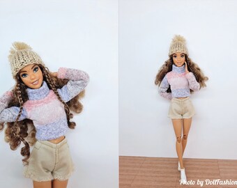 Doll clothes - Set 3 in 1 - Shorts, long-sleeved turtleneck top and hat - Clothes for 1:6 scale doll - 12 inch doll