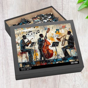 500 Piece Abstract Jazz Art Jigsaw Puzzle, Jazz Musicians Performing Black History Month Gift, Basquiat Style, Vibrant Afrocentric Music Art