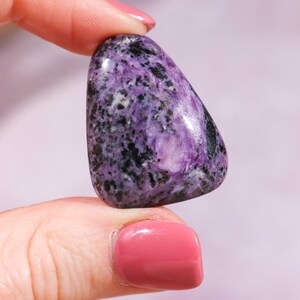 Puede incluir: Una piedra pulida de color púrpura y negro con un patrón de remolino.