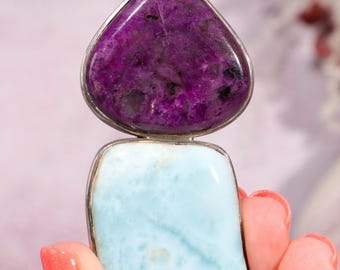 Sugilite and Larimar Statement Pendant | Sterling Silver Setting Spiritual Love, Divine Communication | Wearable Talisman