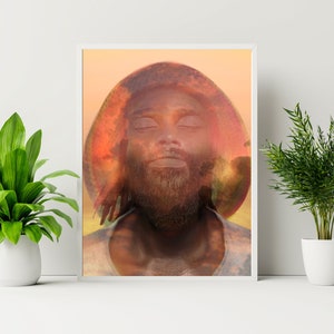 May include: A digital art print of a person with their eyes closed, a beard, and a sunset-colored background.