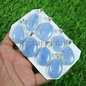 Natural Blue Calcite Pendant: Silver Plated Bezel Gemstone (1-2&quot; Long)