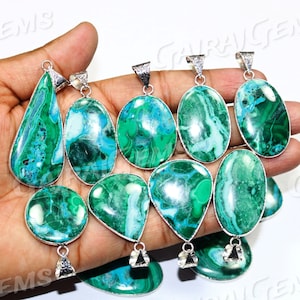 Natural Malachite Chrysocolla Pendant: Silver Plated Gemstone Bezel Necklace