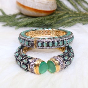 Green Monalisa Cuff Bracelet: Gold Plated CZ Stone Jewelry