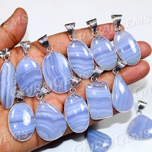 Exclusive Blue Lace Agate Pendant, Natural Agate Gemstone Silver Plated Bezel Necklace Pendant Jewelry.