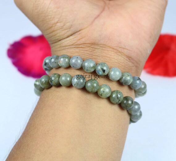 Natural Labradorite Gemstone Bracelet: 8mm Smooth Beads, Handmade