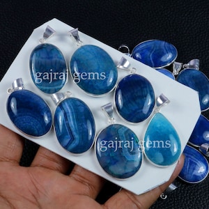 Awesome Sale !! Blue Crackle Agate Pendant, Natural Gemstone Bezel Pendant, Silver Plated Pendant, Necklace Pendants Jewelry Lot.