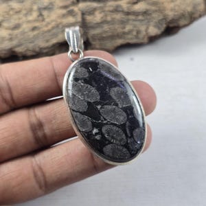 Black Fossil Stone Silver Pendant, Natural Black Fossil Gemstone 925 Sterling Silver Pendant Jewelry