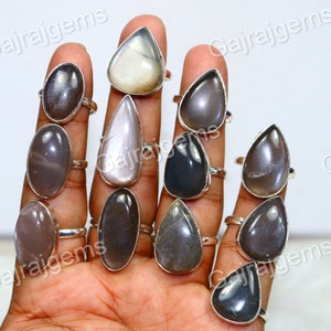 Black Moonstone Gemstone Ring, Natural Moonstone 925 Silver Plated Bezel Rings Jewelry Size 6 To 10 / Adjustable