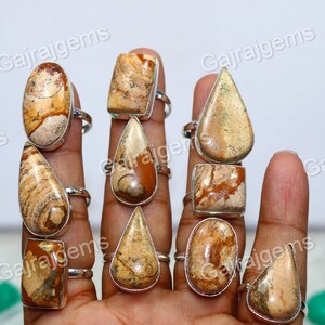Picture Jasper Gemstone Ring, Natural Picture Jasper 925 Silver Plated Bezel Rings Jewelry Size 6 To 10 / Adjustable