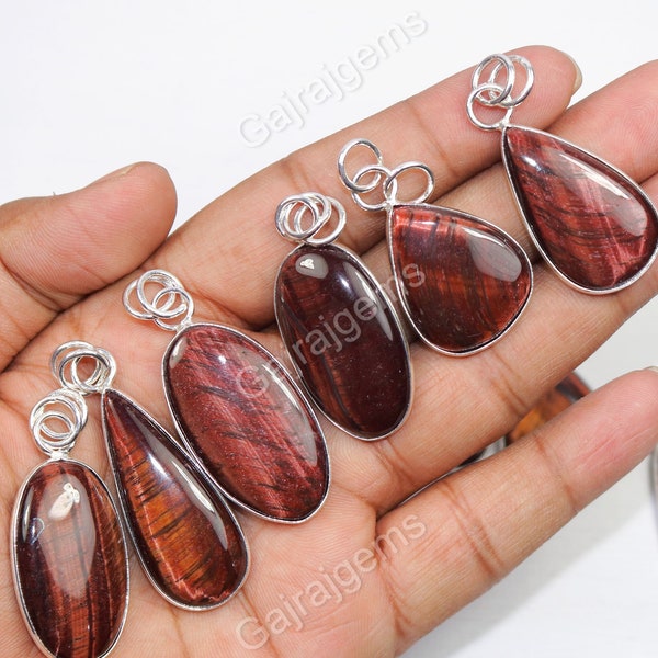 Natural Red Tiger's Eye Pendant, Tiger's Eye Gemstone Bezel Pendant, Connector Pendant 925 Silver Plated Tiger's Eye Gemstone Jewelry