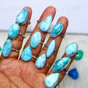 Natural Larimar Gemstone Ring: 925 Silver Plated Bezel, Adjustable