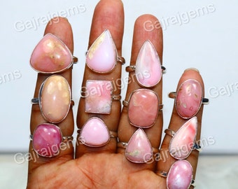 Natural Pink Opal Ring: 925 Silver Plated Bezel Ring, Adjustable Size 6-10