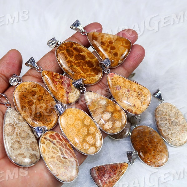 Awesome Sale !! Fossil Coral Pendant, Natural Fossil Coral Gemstone Silver Plated Bezel Necklace Pendant Jewelry.