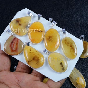 Exclusive Arrive !! Yellow Crackle Agate Pendant, Natural Gemstone Bezel Pendant, Silver Plated Pendant, Necklace Pendants Jewelry Lot.