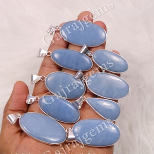 Natural Angelite Gemstone Silver Plated Pendant Jewelry, Natural Angelite Stone Necklace Pendant Lot.