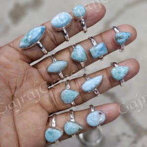 Larimar Gemstone Ring: 925 Silver Plated Bezel Ring (Size 6-10 Adjustable)