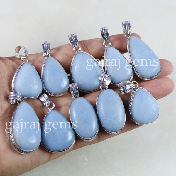 Natural Blue Angelite Gemstone Silver Plated Pendant, Exclusive Angelite Stone Silver Plated Necklace Pendant Jewelry