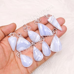 Natural Blue Lace Agate Pendant, Blue Lace Agate Gemstone Bezel Pendant, Connector Pendant 925 Silver Plated Gemstone Jewelry