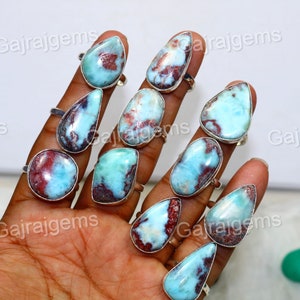 Blue Larimar Gemstone Ring, Natural Larimar 925 Silver Plated Bezel Rings Jewelry Size 6 To 10 / Adjustable
