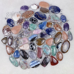 100 PCs Natural Gemstone Pendants: 925 Sterling Silver Jewelry Lot