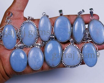 Angelit Edelstein Silber überzogene Anhänger: Blau Halskette Schmuck