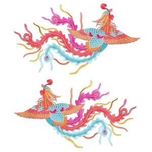 May include: Two embroidered phoenixes with red, pink, blue and yellow details. The phoenixes are facing opposite directions and have their wings spread out.