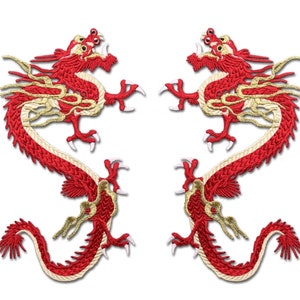 May include: Two red embroidered iron-on patches of Chinese dragons with gold accents. The dragons are facing each other and have their tails curled around their bodies.