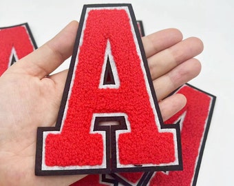 Rode Grote Letters Chenille Geborduurde Ijzer Op Patch Applique Diy Naam Alfabet Patches Voor Kleding Hoeden Tassen Accessoires