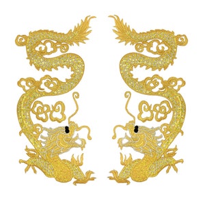 May include: Two gold embroidered dragon patches with intricate details. The dragons are facing opposite directions and have a traditional Chinese design.