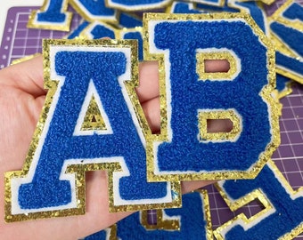 Blue Letters Chenille Embroidered Iron On Sew On Patch Applique Diy Name Badge Alphabet Sequins Patches For Kid Clothing Bags Accessories