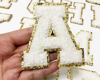White Letters Chenille Embroidered Iron On Patch Applique Diy Name Badge Alphabet Sequins Patches For Kid Clothing Bags Accessories