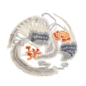 May include: Iron-on patch embroidered with a white and grey phoenix, featuring orange and red accents. The phoenix is surrounded by a circle of white feathers.