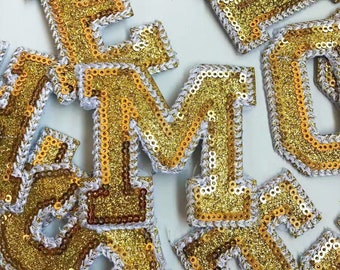 Gold Sequins Alphabet Letter Iron On Patch For T-shirt Clothing Decoration Embroidery Patches Applique Accessories A-Z