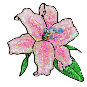 May include: A pink and iridescent sequin lily flower applique with green leaves. The flower is detailed with a yellow centre and blue accents.