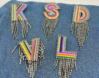 New Color Letters Patch Alphabet Embroidered Crystal Tassel Pin Diy Name Letters Brooch For Clothing Coat, Hat, Bag