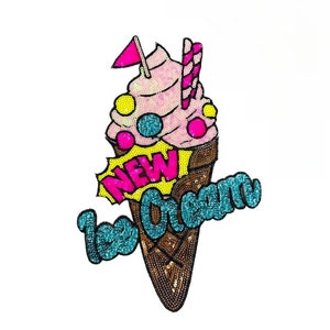 May include: A colorful sequined ice cream cone patch with the words "NEW" and "Ice Cream" in a bubble-like font.