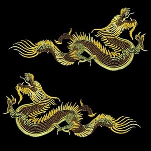 May include: Two gold and brown embroidered dragons on a black background. The dragons are facing opposite directions and have detailed scales and claws.