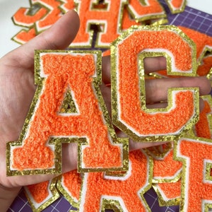 Orange Letters Chenille Embroidered Iron On Patch Applique Diy Name Badge Alphabet Sequins Patches For Clothing Bags Accessories A-Z