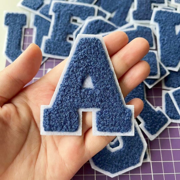 New Blue Letters Chenille Embroidered Iron On Patch Applique Diy Name Alphabet Patches For Clothing Hats Bags Accessories