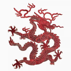 May include: Red embroidered dragon patch with detailed scales and a curled tail. The dragon is in a dynamic pose with its claws outstretched.