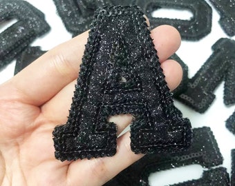 Patch alphabet lettre paillettes noires pour vêtements, fer sur accessoires de vêtement, patchs de décoration appliqués brodés
