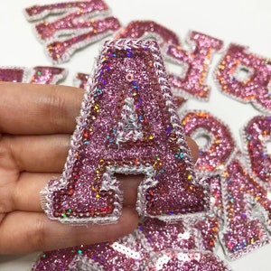 Parche con letras del alfabeto y lentejuelas rosas para planchar en la ropa, accesorios para prendas, parches bordados