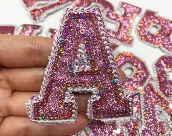 Parche de lentejuelas rosas con letras del alfabeto para planchar en la ropa, accesorios de ropa, parches bordados.