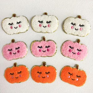 Può includere: Nove toppe di zucca in feltro con facce ricamate. Le zucche sono bianche, rosa e arancioni con un bordo di glitter dorato.