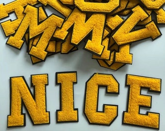 Yellow Chenille Embroidered Letters Iron On Patch Applique For Kid Clothing Bag Diy Name Badge Alphabet Patches Accessories A-Z