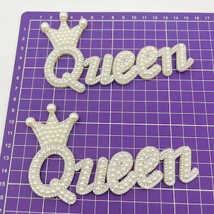 Letter QUEEN Pearl Embroidered Patch Applique DIY Rhinestone Sew On Patches For Bags Hat Clothing Accessories