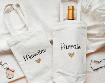 Personalized bottle bag Godmother Godfather grandpa friend - Godfather godmother gift - Baptism wine pouch, sponsorship announcement, thank you gift